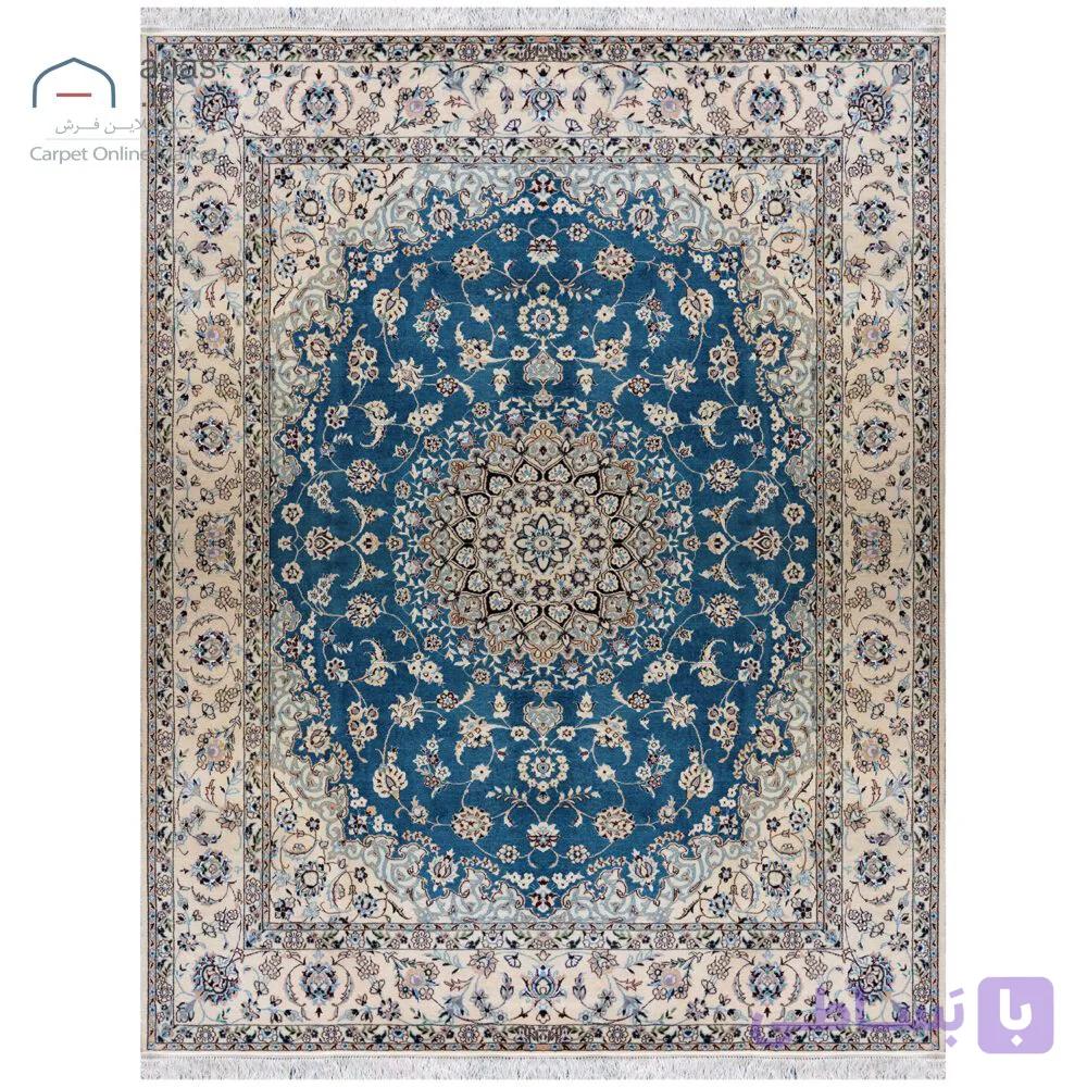 فرش دستباف نایین سبزآبی نقشه لچک و ترنج ۶ لا گل ابریشم – سایز پرده‌ای (۱۷۵ × ۲۲۵ سانتی‌متر) کد D28182