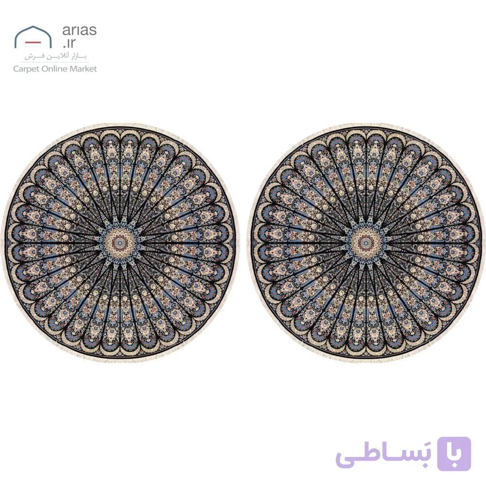فرش نایین جفت گرد دستباف سرمه‌ای ۶ لا گل ابریشم کد D28200