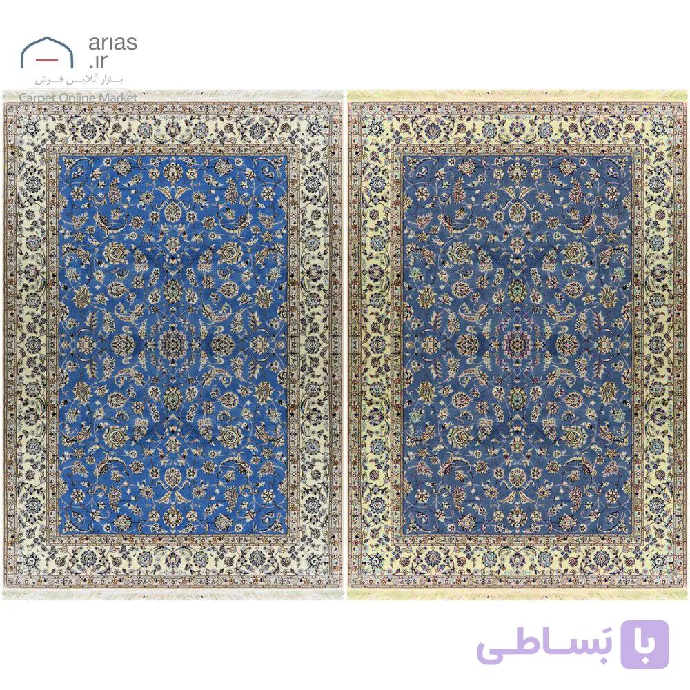فرش دستباف نایین جفت ۶ متری نقشه افشان آبی ۶ لا گل ابریشم کد D28198