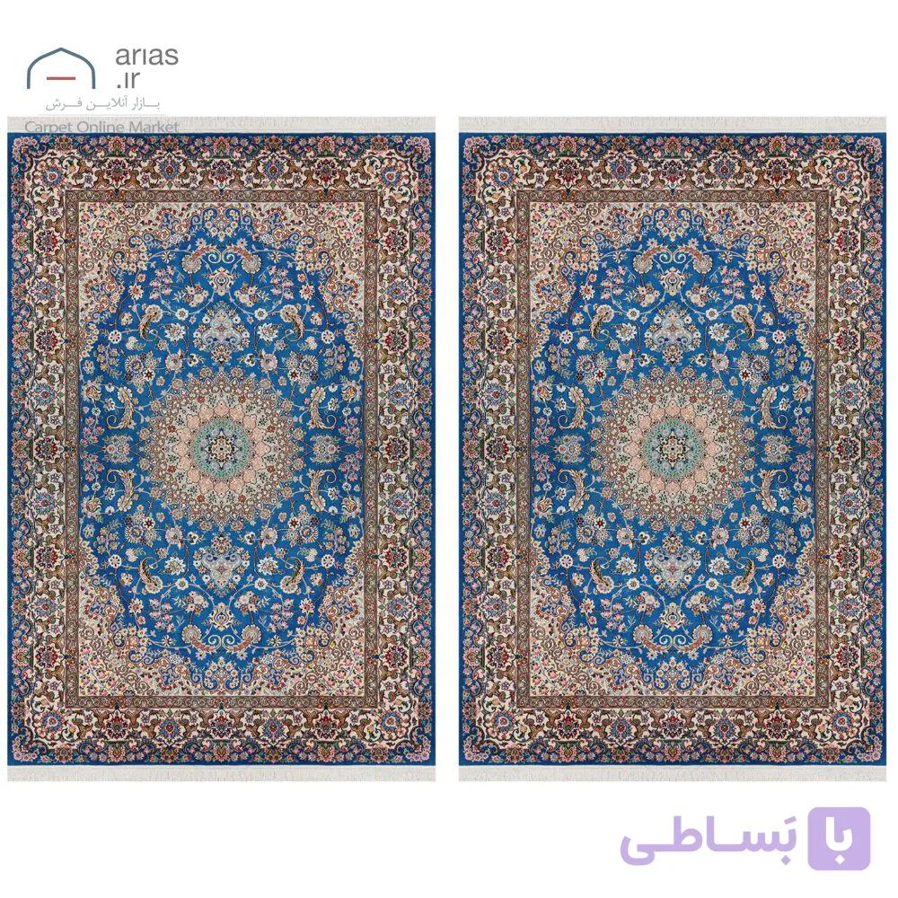 جفت فرش دستباف نایین ۶ متری آبی نقشه لچک و ترنج ۹ لا گل ابریشم کد D28199