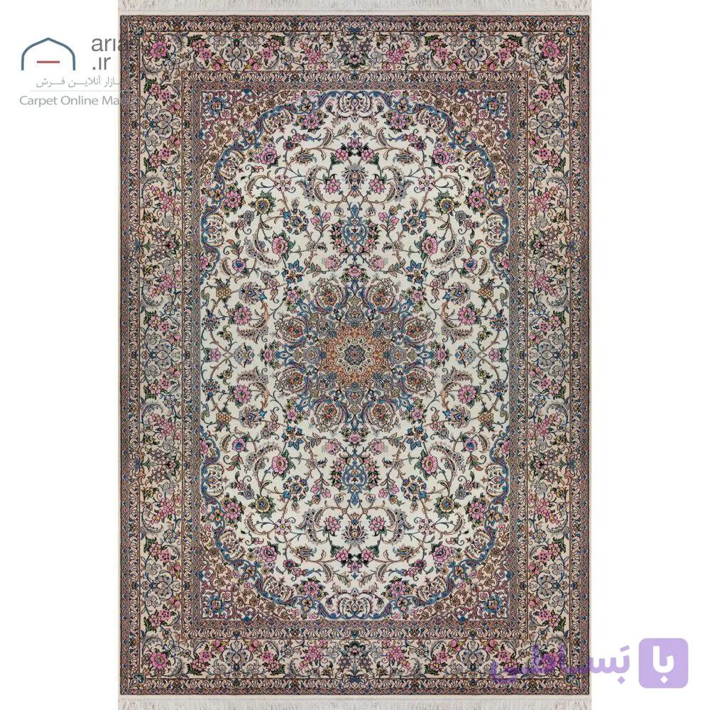 فرش دستباف نایین ۹لا کرم نقشه لچک و ترنج گل ابریشم – ۶ متری کد D28171