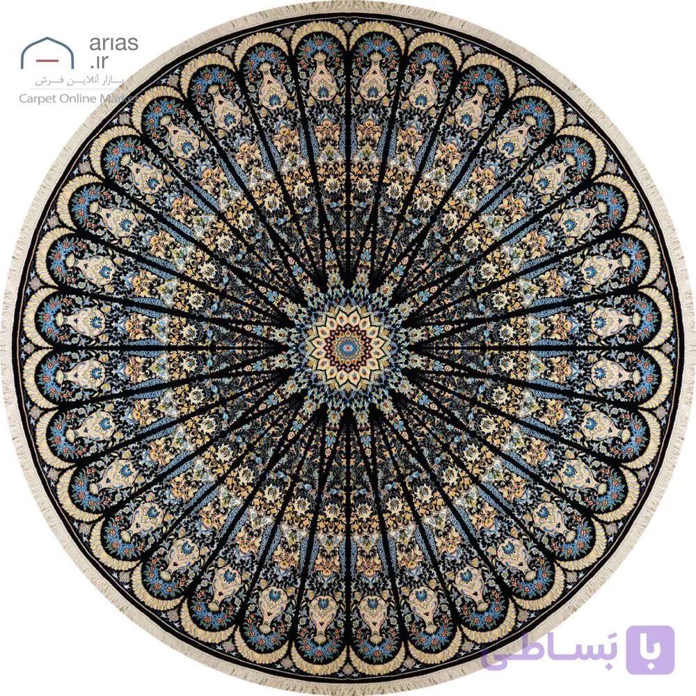 فرش نایین دایره‌ای سرمه‌ای دستباف ۶ لا گل ابریشم کد D28211