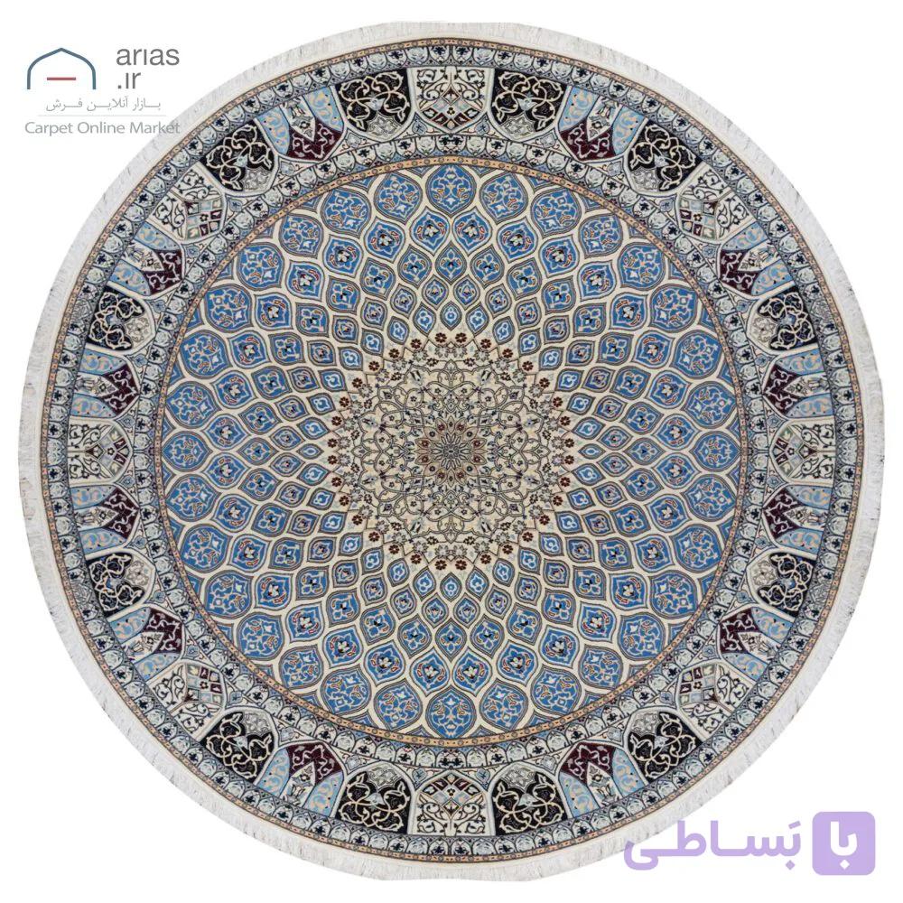 فرش نایین دستباف گرد نقشه گنبد آبی ۶ لا گل ابریشم کد D28208