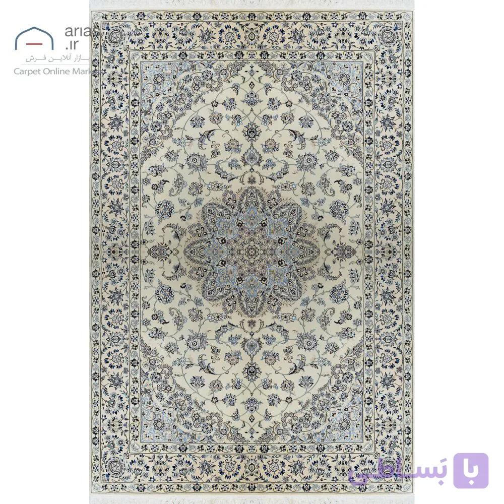 فرش دستباف نایین کرم نقشه لچک و ترنج ۹ لا گل ابریشم – ۶ متری کد D28158