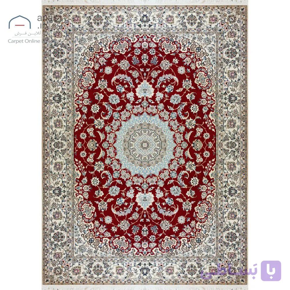 فرش دستباف نایین لاکی نقشه لچک و ترنج ۹ لا گل ابریشم – ۹ متری کد D28207