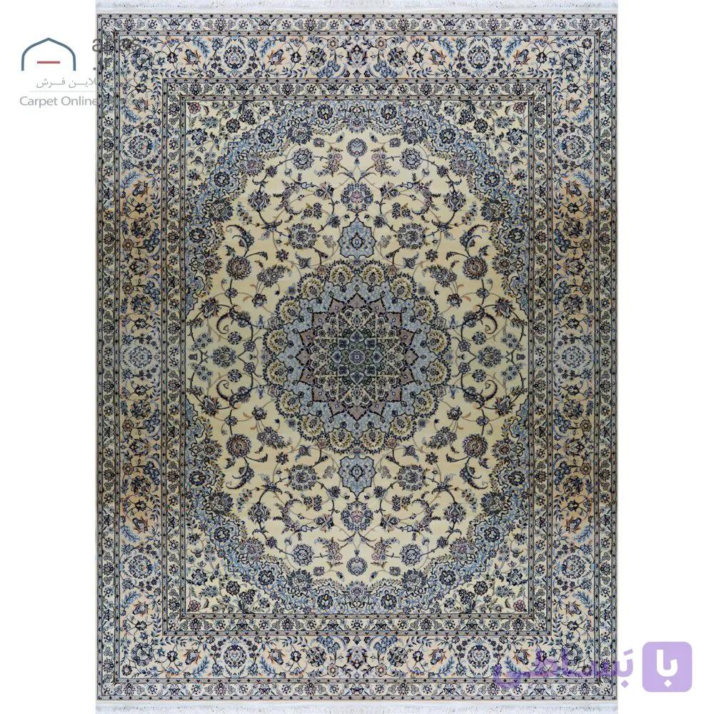 فرش نایین ۶لا اخوان لچک و ترنج دستباف کرم گل ابریشم – ۹ متری کد D28177