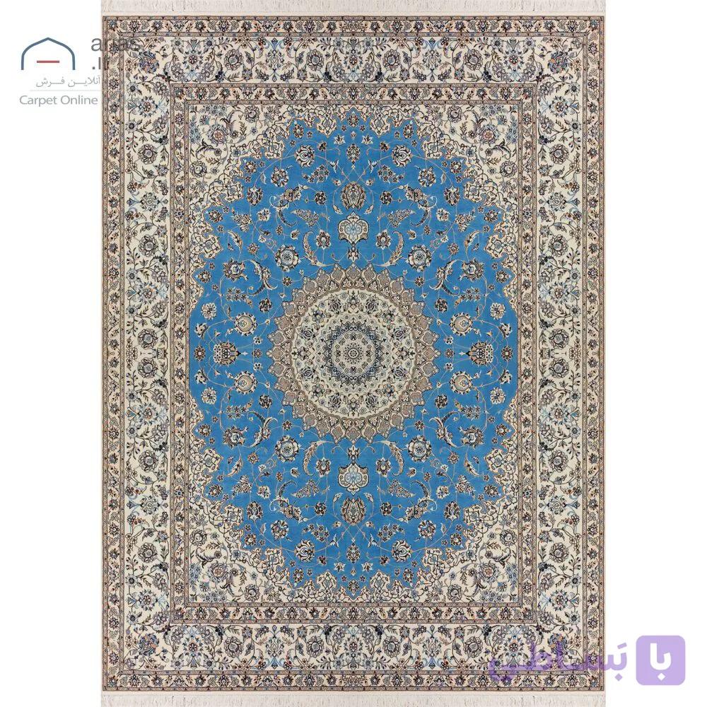فرش نایین آبی ۶لا دستباف نقشه لچک و ترنج گل ابریشم – ۹ متری کد D28178