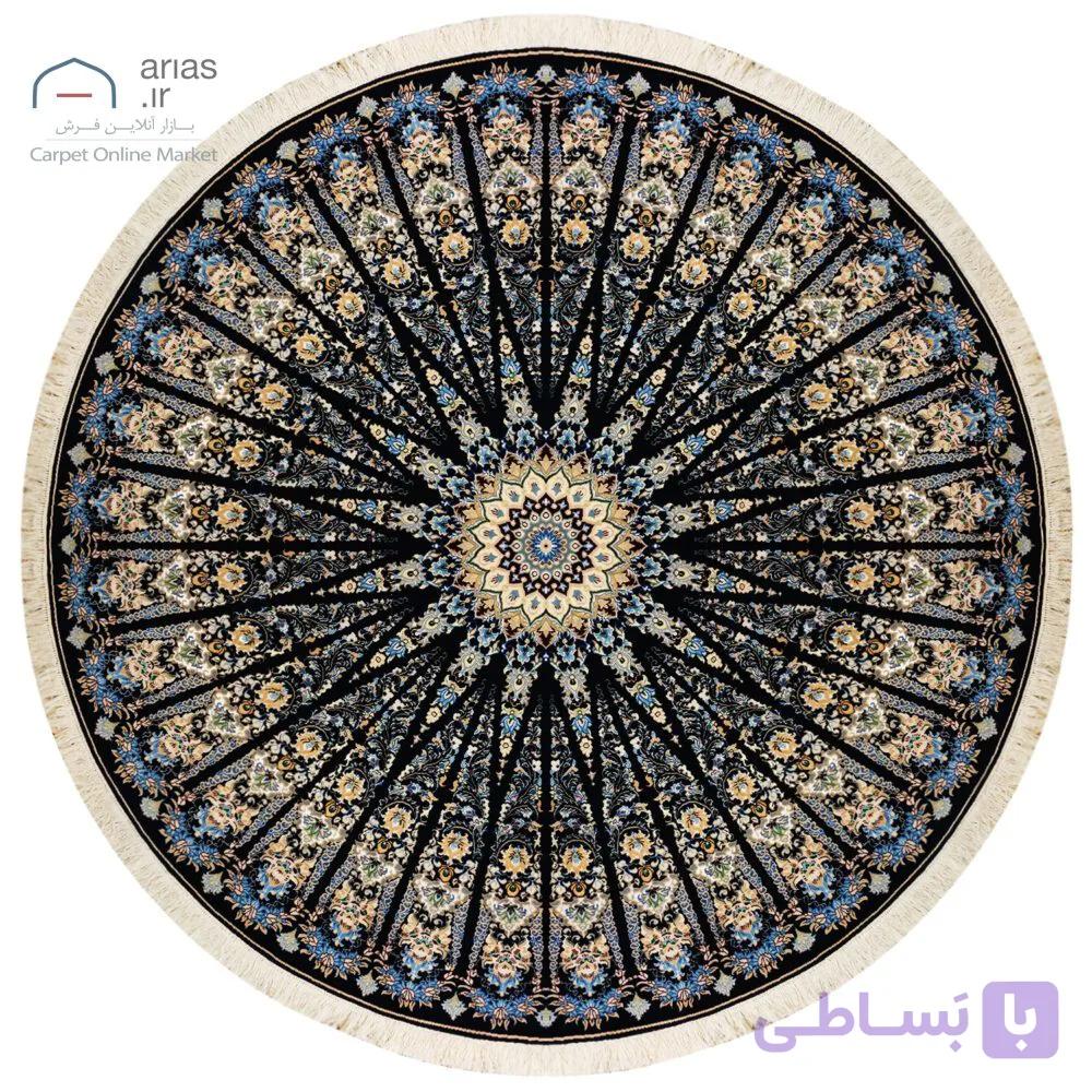 فرش نایین دایره‌ای سرمه‌ای دستباف ۶ لا گل ابریشم – قطر ۲۱۰ سانتیمتر کد D28210