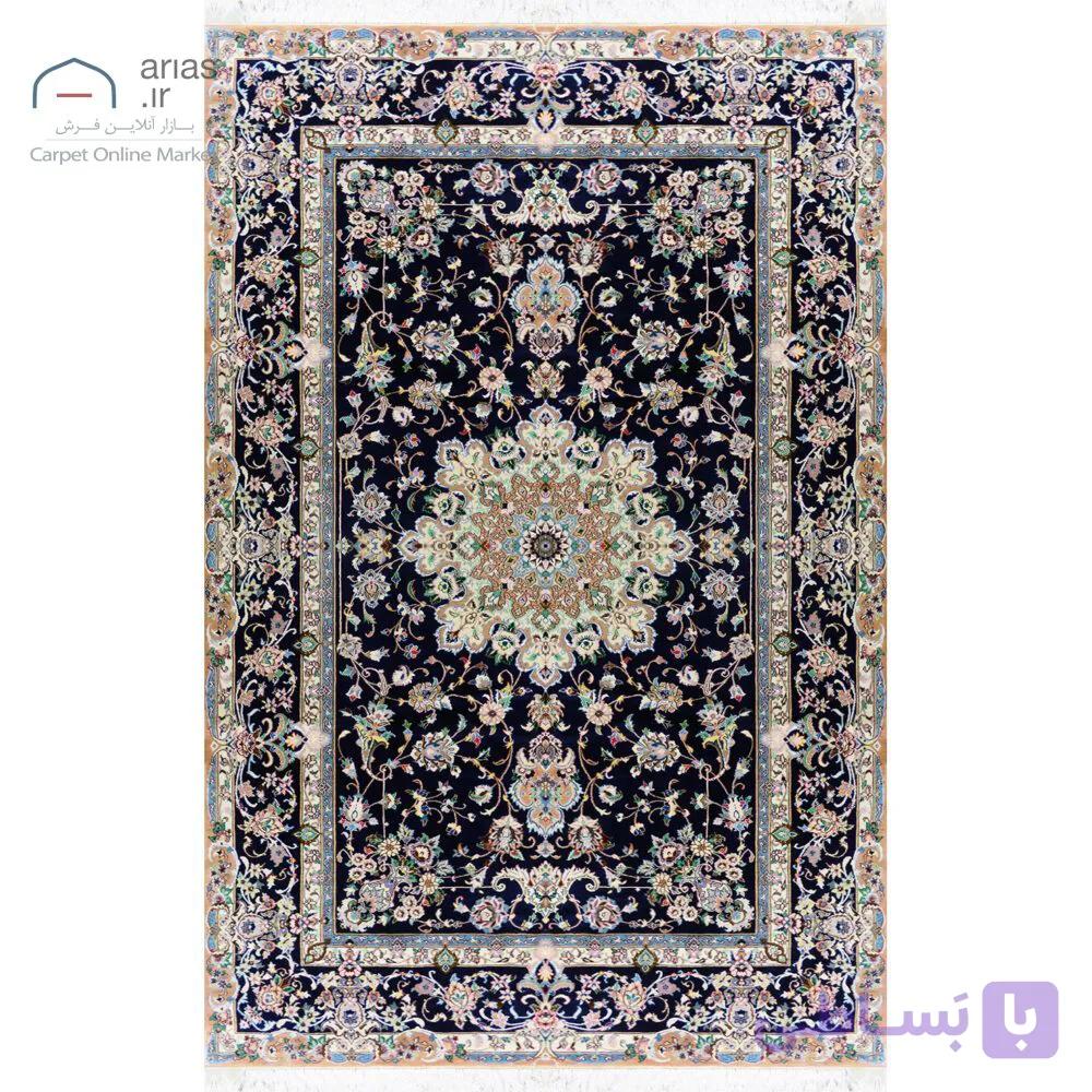 فرش دستباف نایین سرمه‌ای نقشه شاهمیرزایی ۹ لا گل ابریشم – ۶ متری کد D28167