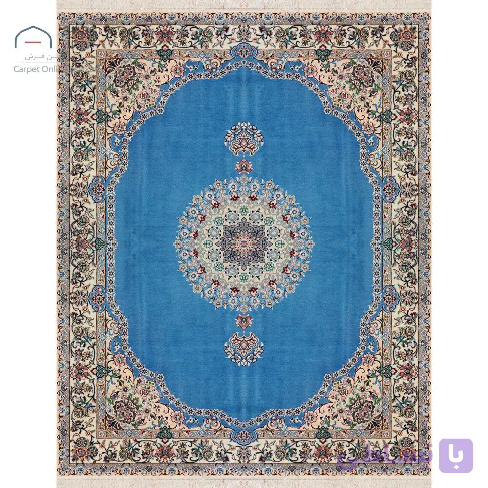 فرش نایین کف ساده دستباف آبی ۹ لا گل ابریشم – سایز خاص (۲۰۰ × ۲۵۰ سانتی‌متر) کد D28217