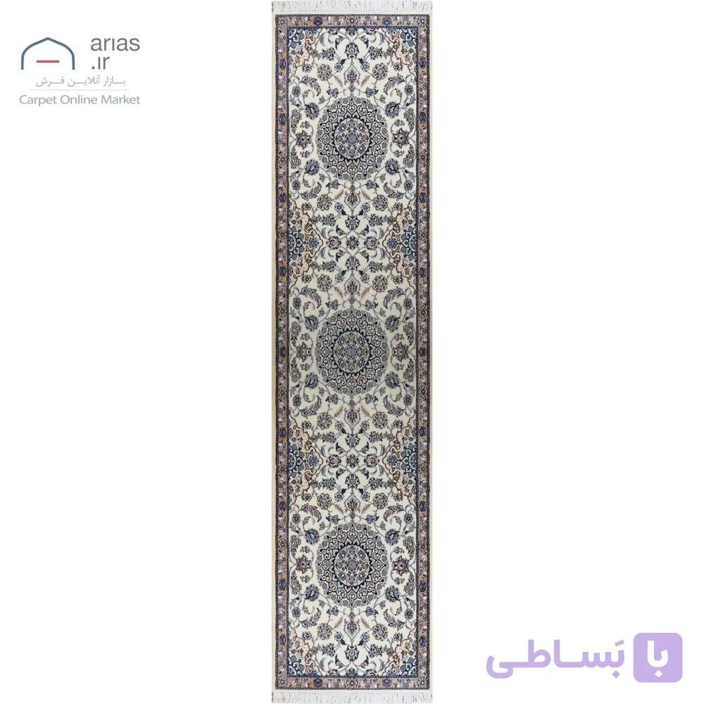 فرش دستباف نایین کناره سایز (۸۵ × ۳۵۰ سانتی‌متر) کرم نقشه سه ترنج ۹ لا گل ابریشم کد D28166