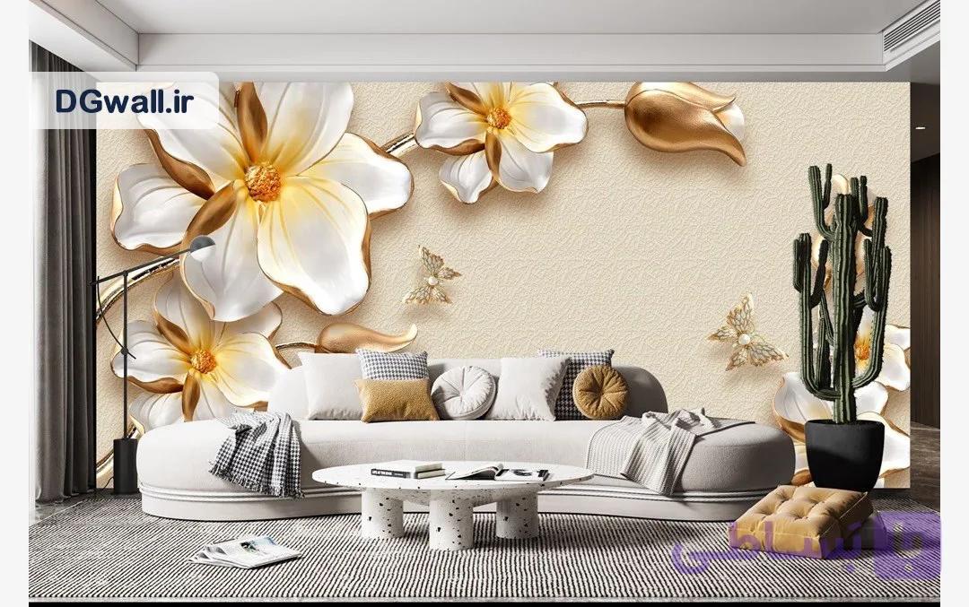 پوستر دیواری گل سه بعدی گل‌های سفید طلایی و پروانه لوکس FL0314 — تصویر 1