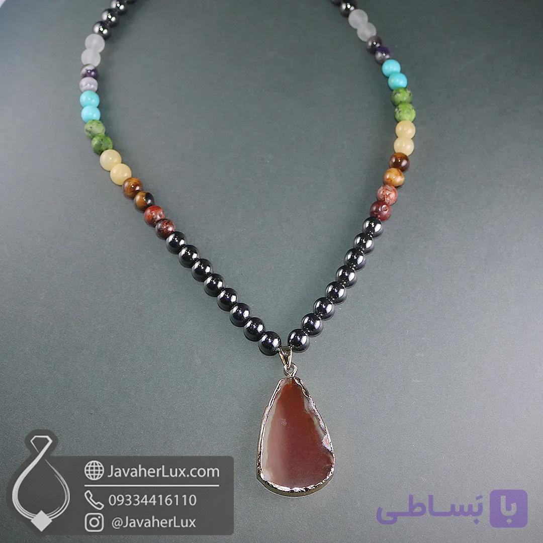 گردنبند هفت سنگ چاکرا + حدید با مدال آویز عقیق طبیعی جواهرلوکس _ کد 401076 — تصویر 1