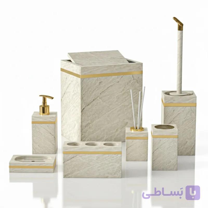 ست سرویس بهداشتی 7 پارچه هارمونی مدل رویا طرح ماربل کرم طلایی — تصویر 1