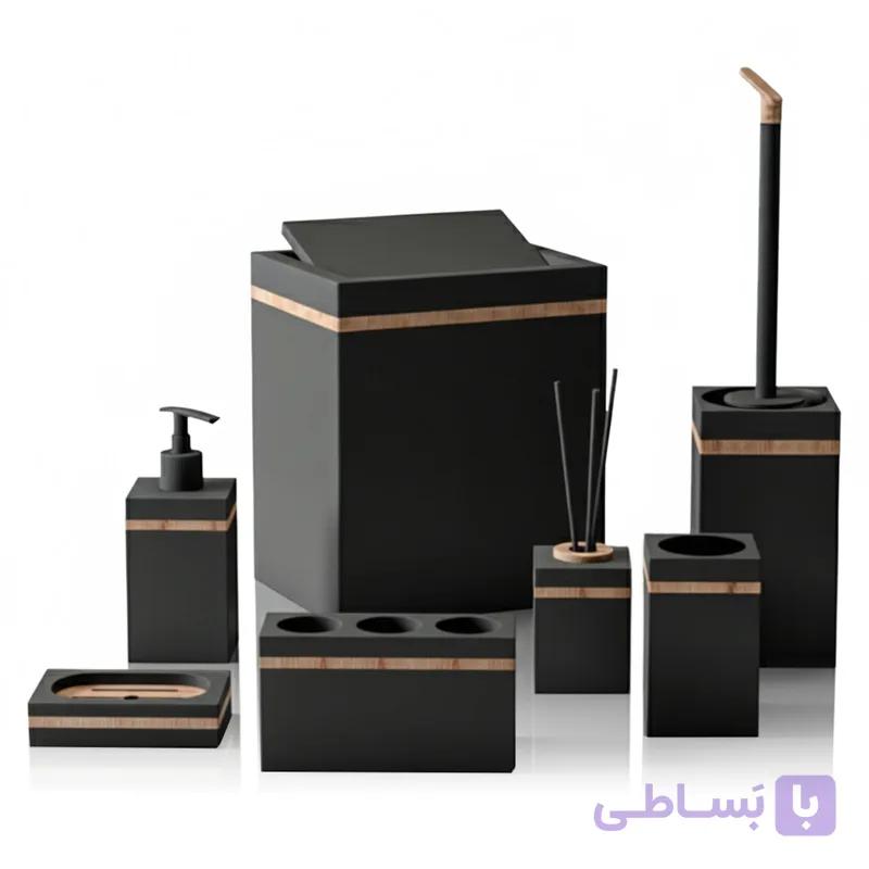 ست سرویس بهداشتی 7 پارچه هارمونی مدل رویا طرح ماربل مشکی چوب مات — تصویر 1