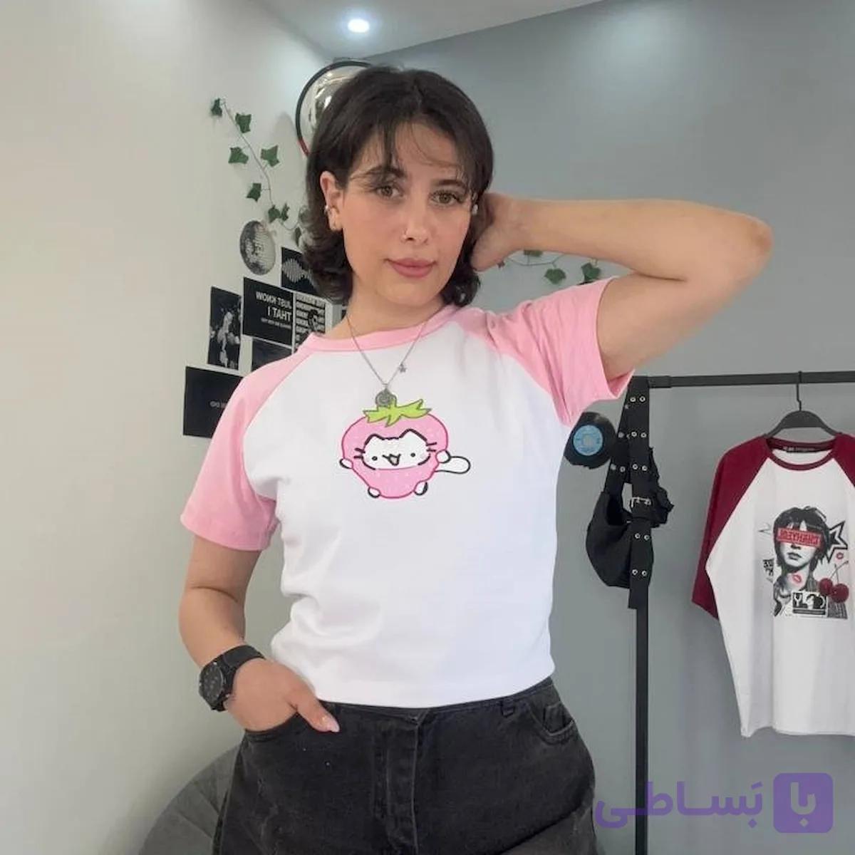 تیشرت رگلان فیت آستین صورتی کد887 — تصویر 1
