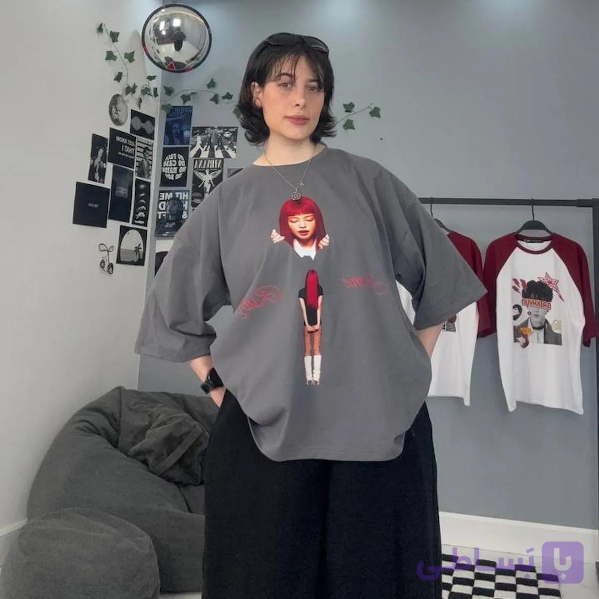 تیشرت خاکستری باکسی طرح جنی jennie — تصویر 1