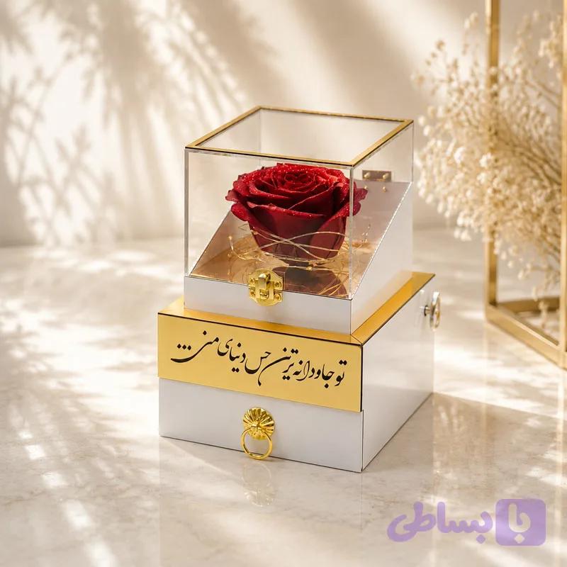 باکس گل رز جاودان مدل گنجینه کشودار سفید — تصویر 1