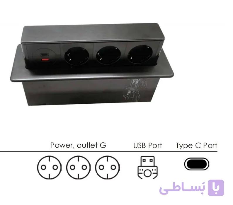 پریز برق لیفت آپ مستطیلی رنگ مشکی مدل ELEA سه سوکت برق و یک پورت USB یک پورت تایپ C  فانتونی کد N319 — تصویر 1