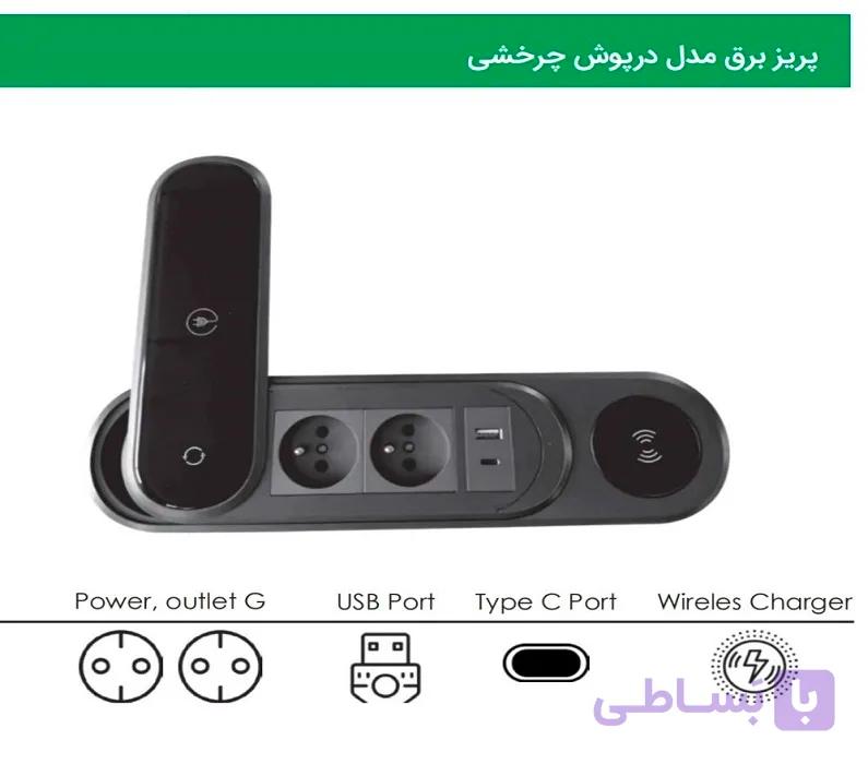 پریز برق با درپوش چرخشی همراه با وایرلس شارژر رنگ مشکی مات مدل Zoro دو سوکت برق, شارژر وایرلس, یک پورت USB و یک پورت تایپ C فانتونی کد N320