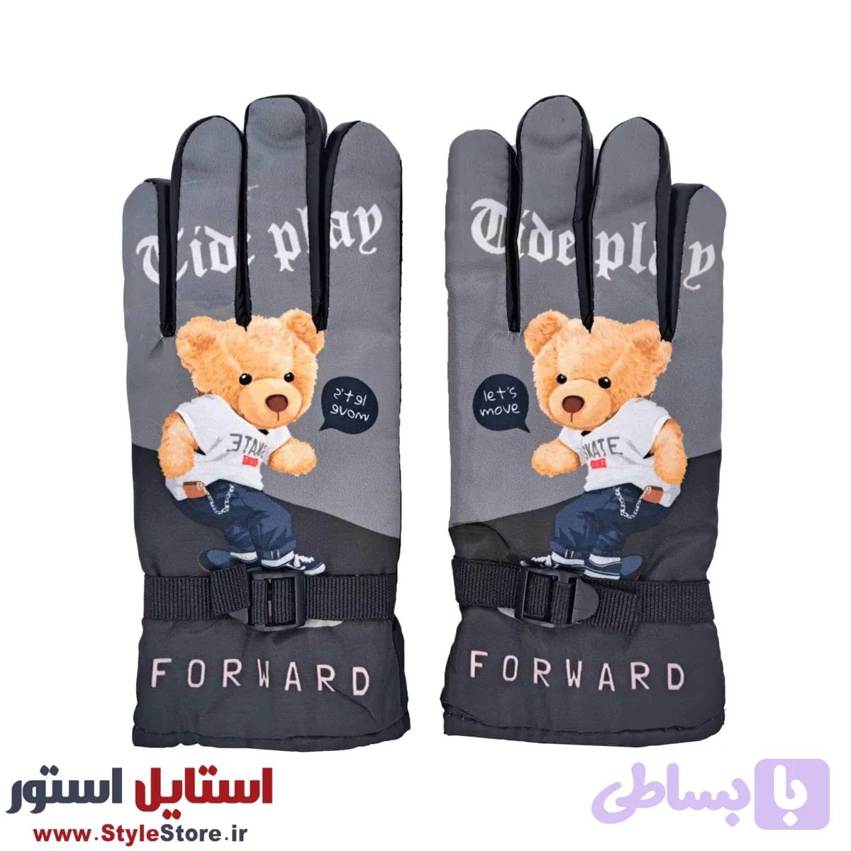دستکش بچگانه طرح خرس رنگ طوسی — تصویر 1