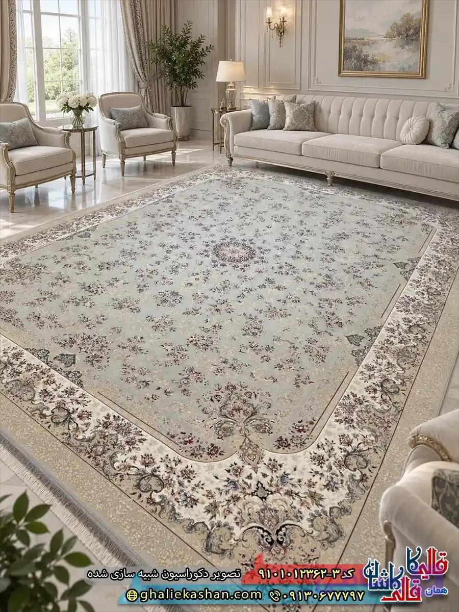 فرش کلاسیک 1200 شانه طرح افشان الیزه رنگ طوسی نقره ای کاشان — تصویر 1