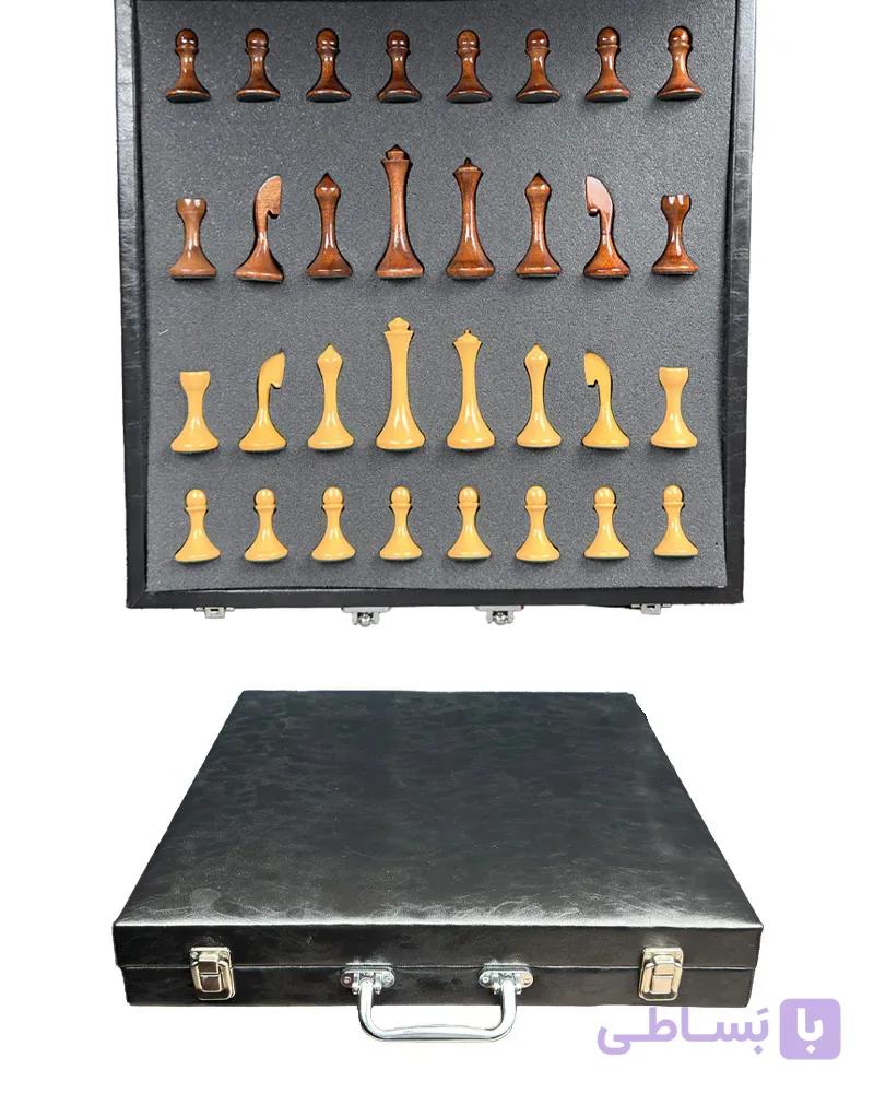 مهره شطرنج چوبی با کیف چرمی طرح روسی براق گردویی کد 10500 — تصویر 1