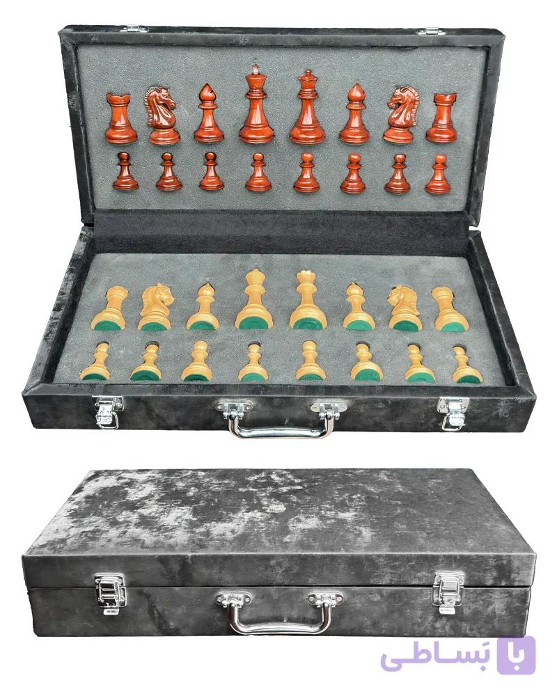 مهره شطرنج چوبی با کیف چرمی طرح سلطنتی A+ عناب براق کد 10497 — تصویر 1