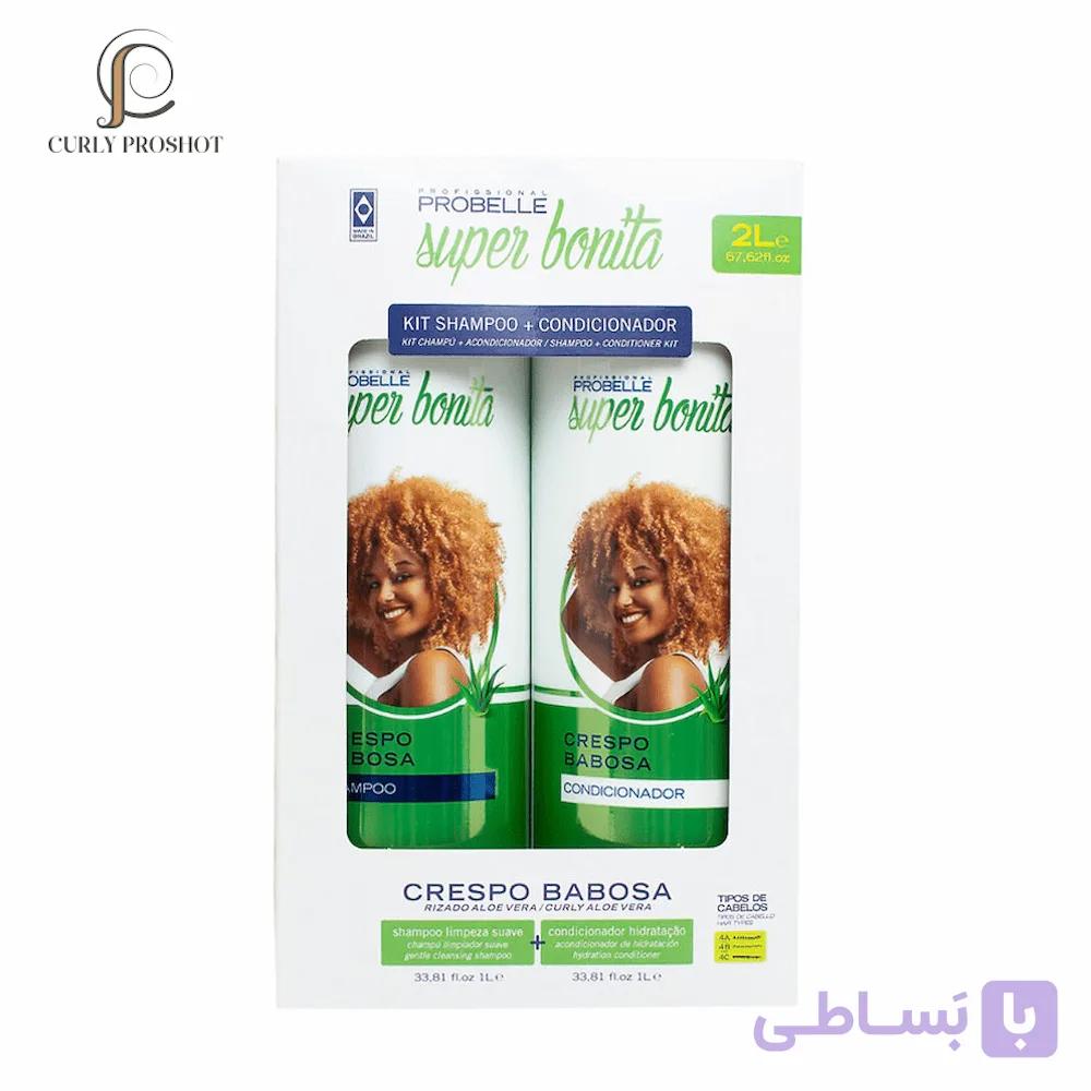 پک شامپو و نرم کننده حجم دهنده ضد وز و آبرسان عمیق موهای فر پروبل Probelle Super Bonita Kit- Crespo Babosa 2L — تصویر 1