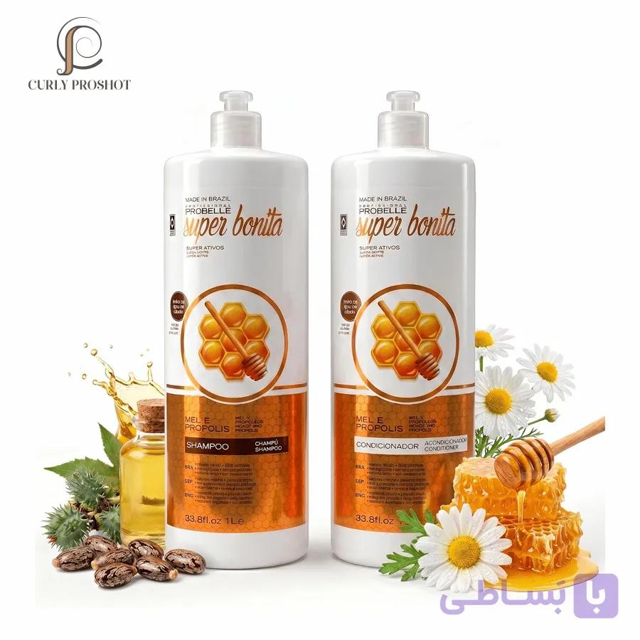 پک شامپو و نرم کننده حجم دهنده و آبرسان عمیق موهای خشک و آسیب دیده عسل پروبل Probelle Super Bonita Kit- Honey & Propolis 2L — تصویر 1