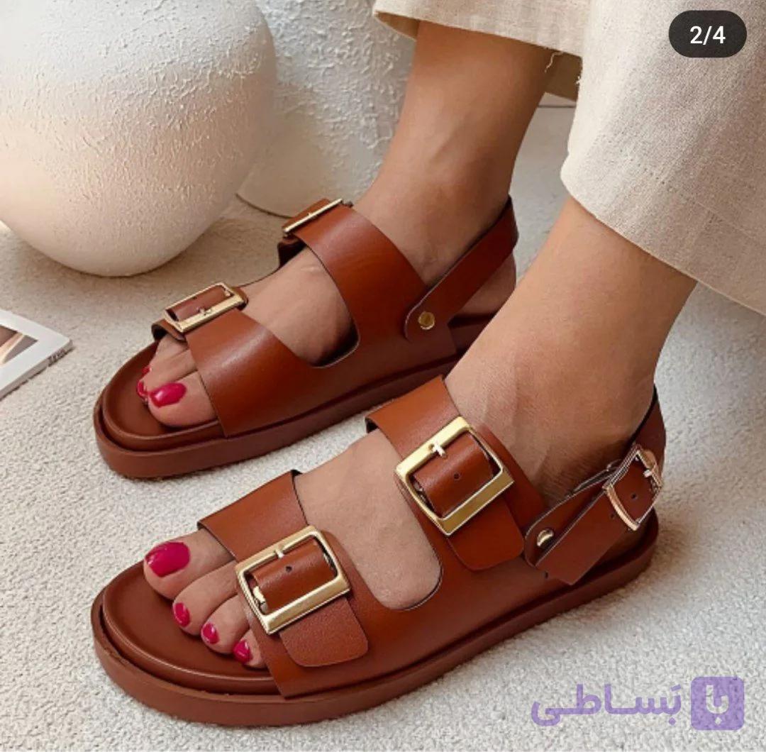 صندل زنانه زارا چرمی پشت بندی دو سگک قهوه ای — تصویر 1