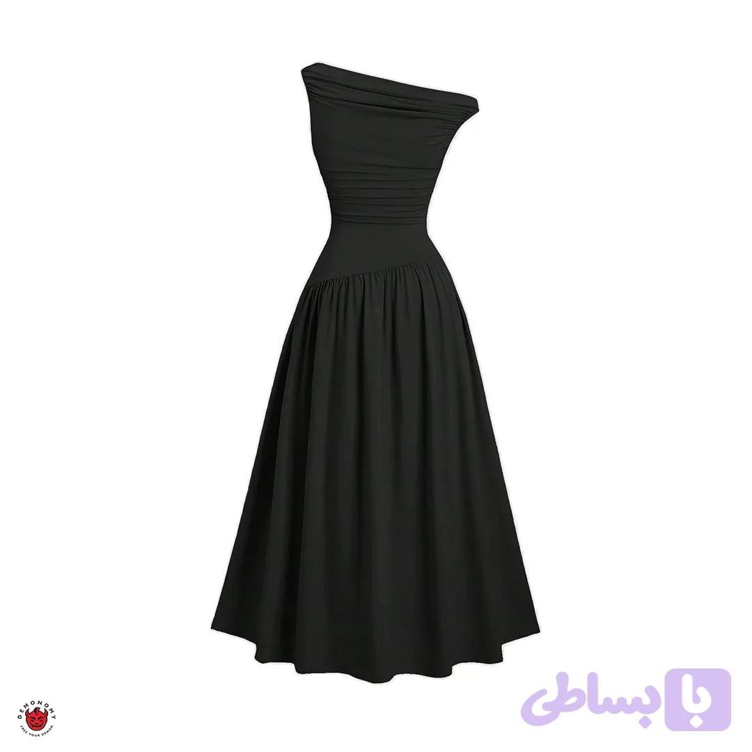 پیراهن مشکی بلند چین دار دکلته Edith — تصویر 1