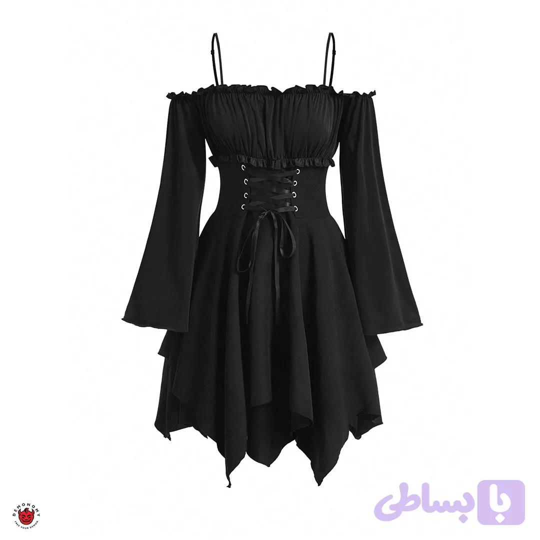پیراهن دکلته رونسانسی گاث کمر کرست و دامن نامتقارن Rosa — تصویر 1