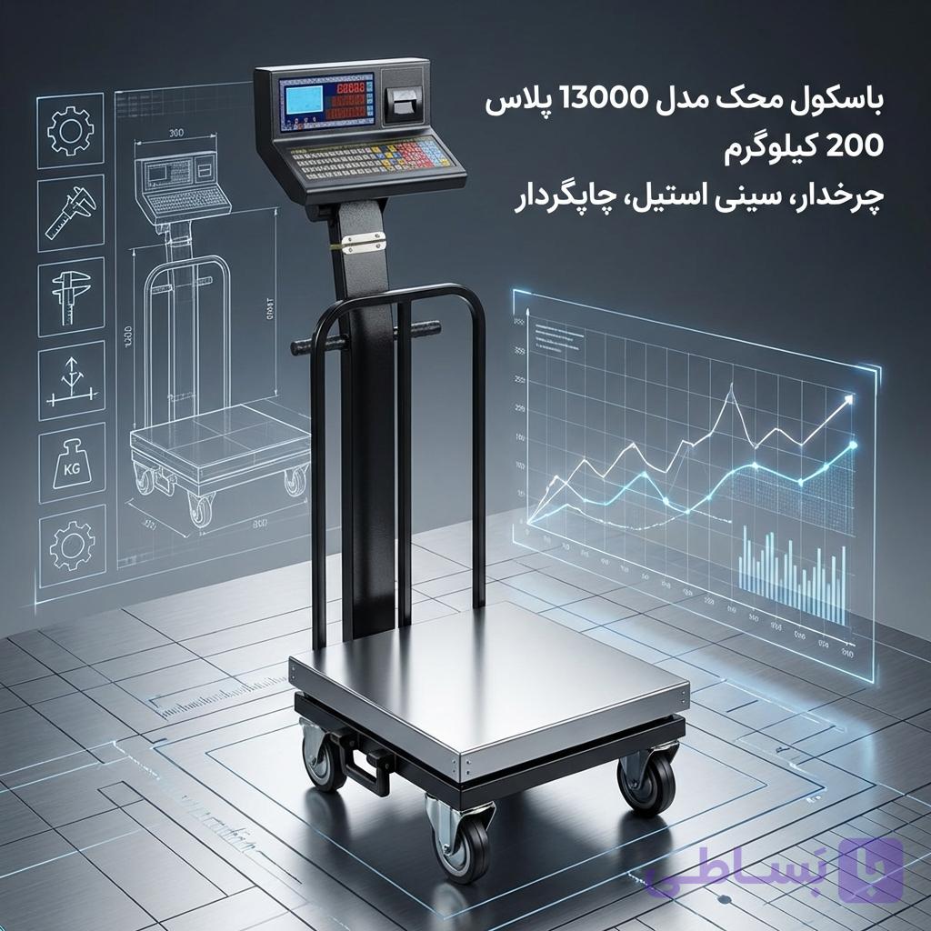 باسکول دیجیتال محک مدل 13000 پلاس – ظرفیت 200 کیلوگرم | چرخدار، سینی استیل، چاپگر‌دار — تصویر 1
