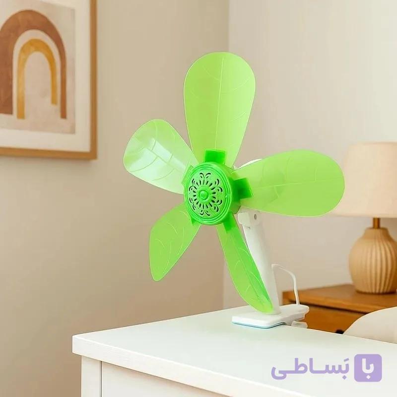 پنکه رومیزی گیره دار مدل پنج پره طرح برگ — تصویر 1
