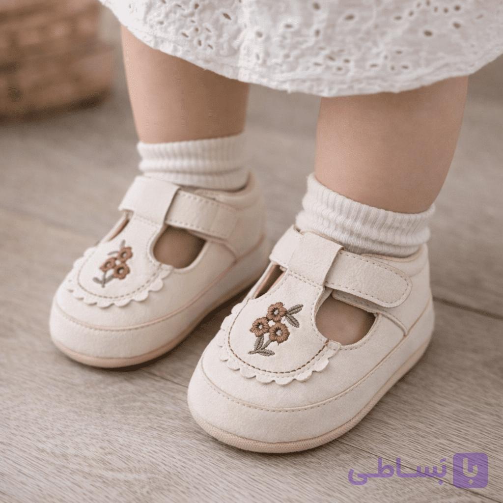 پاپوش نوزادی گلدوزی کرم — تصویر 1