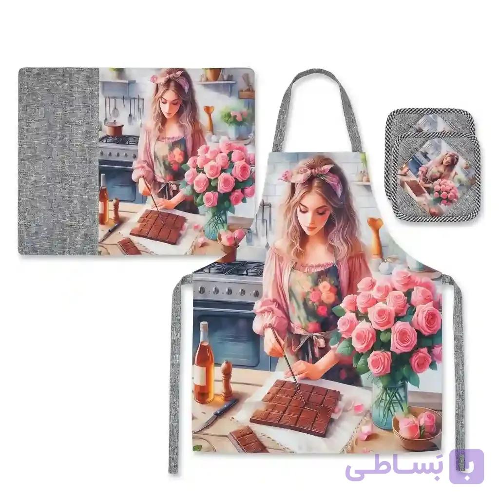 ست آشپزخانه نم‌گیر، دستگیره و پیش‌بند طرح چاپی — تصویر 1