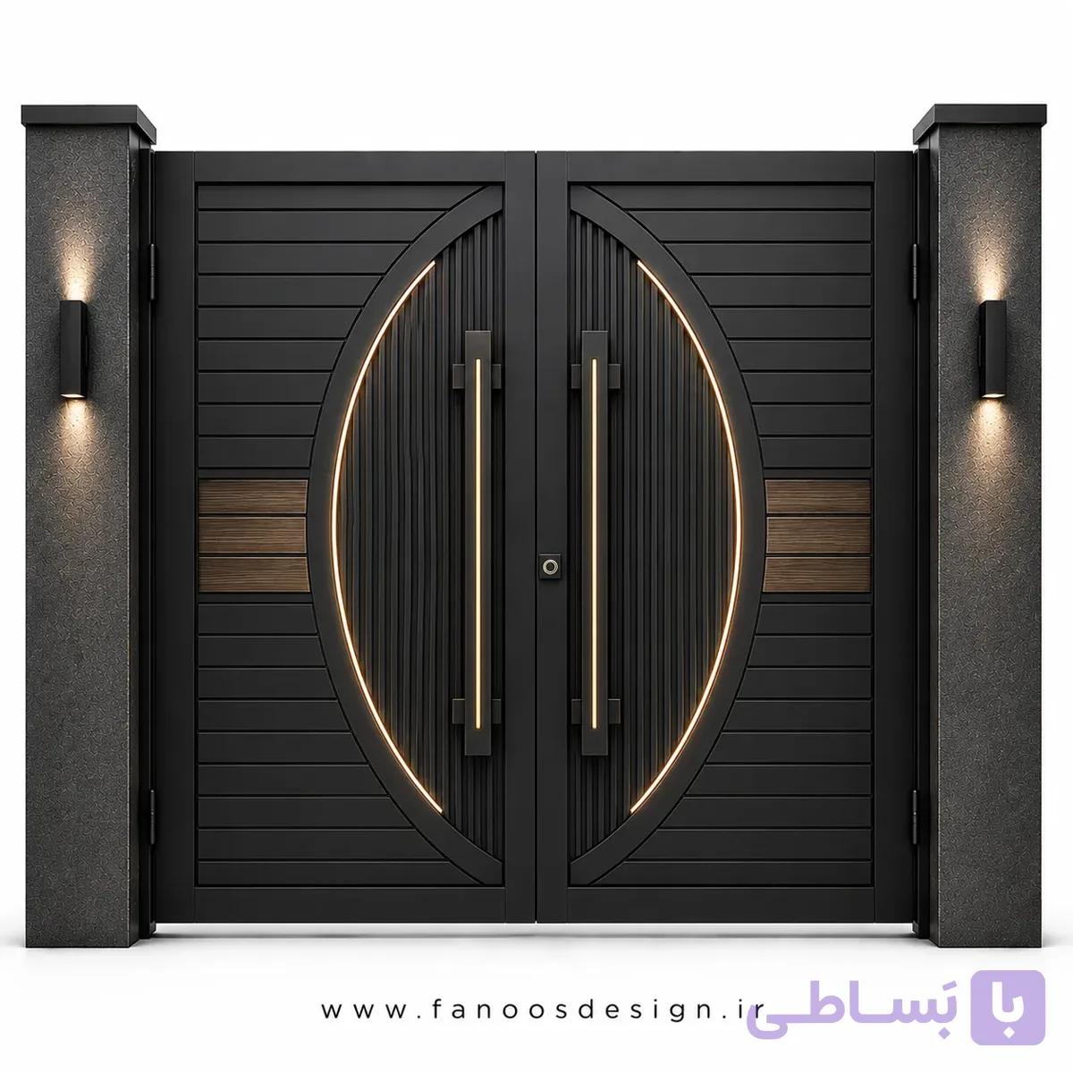 درب حیاط آهنی ترکیب چوب و فلزی سایز 220*300 با رنگ مشکی – کد 30528