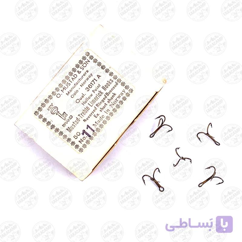قلاب موستاد سه شاخ سرکج برنز سایز ۱۵ بسته ۵ عددی MUSTAD Treble Limerick HOOKS 36171 — تصویر 1
