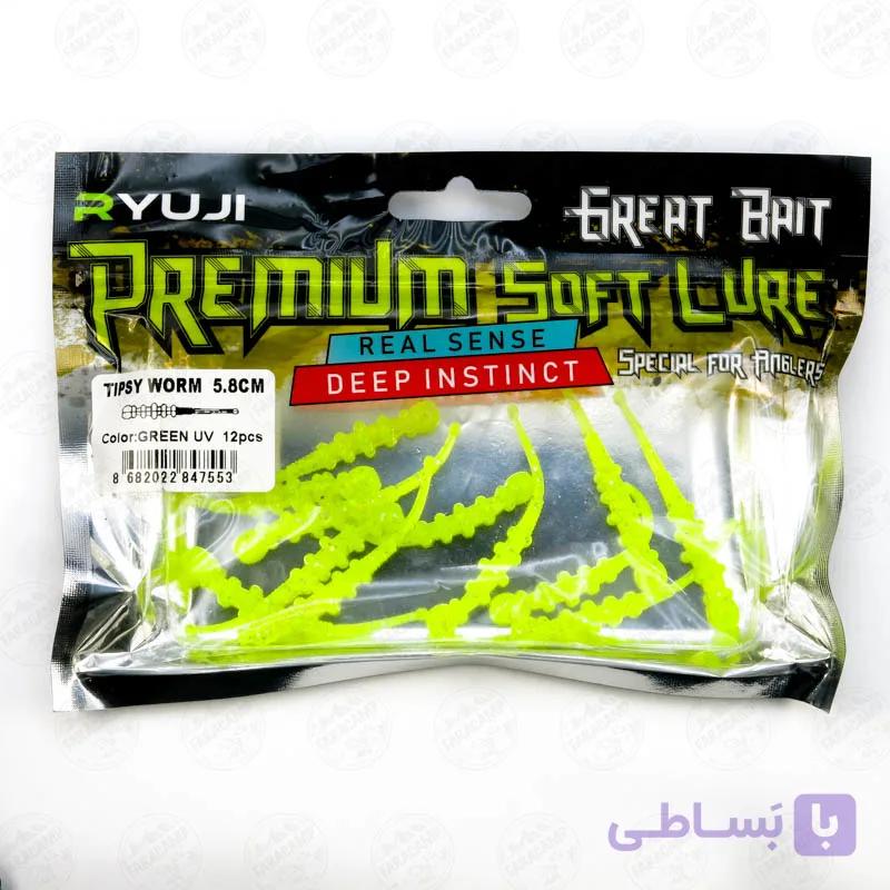 طعمه کرم مصنوعی طعم دار UV ریوجی رنگ سبز بسته ۱۲ عددی , RYUJI TIPSY WORM GREEN UV — تصویر 1