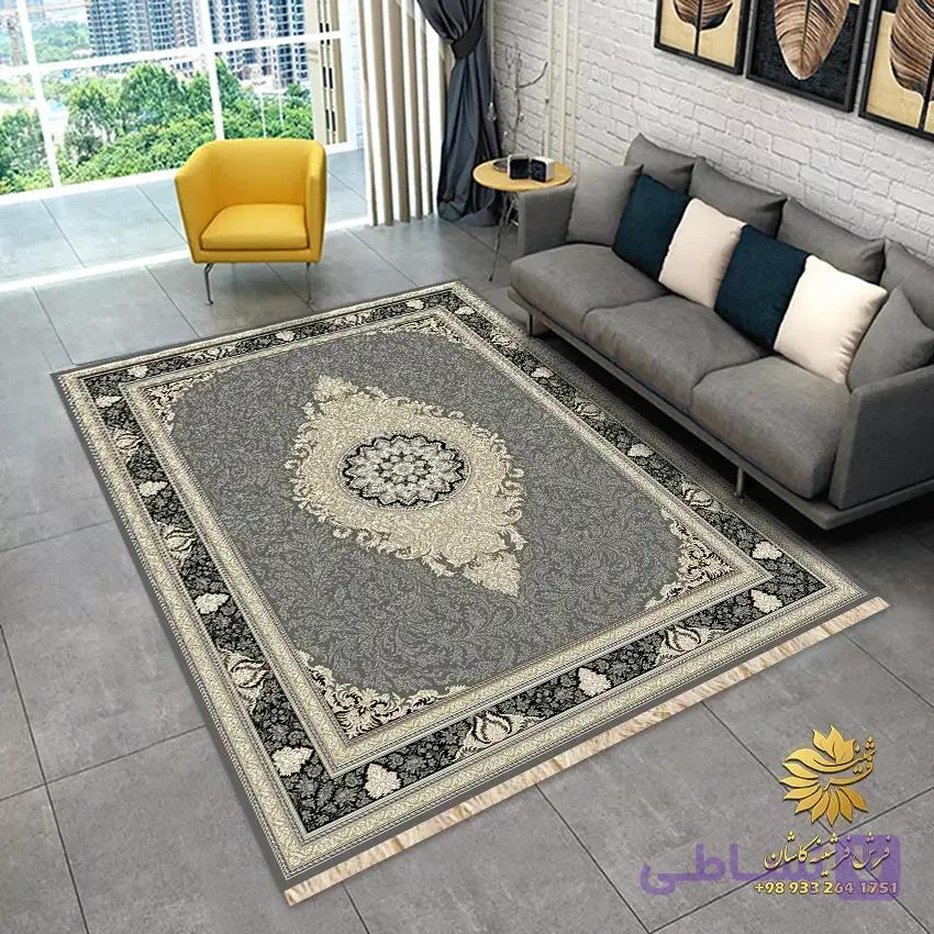 فرشینه طرح فرش طلاکوب با زمنیه دودی کد 8090 — تصویر 1