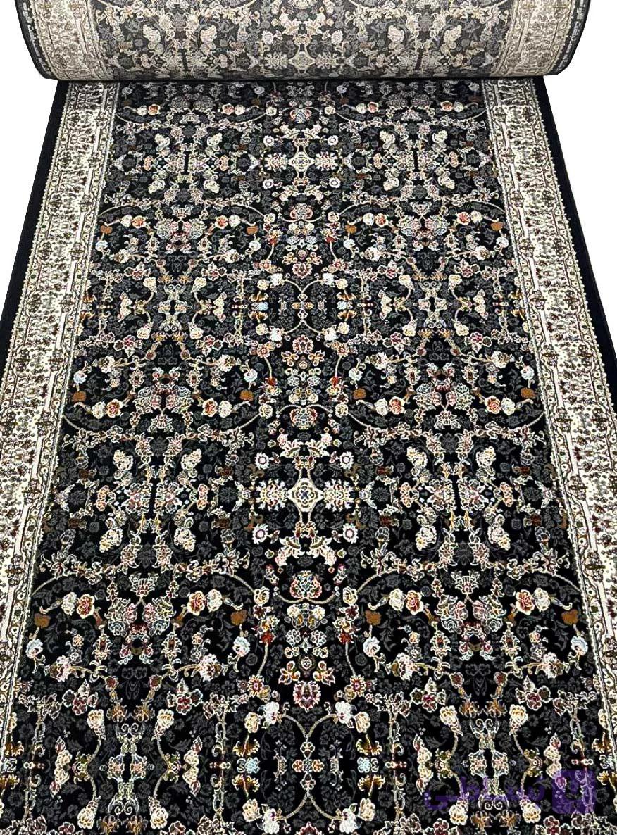 فرش کناره افشان طرح گل گندمی سرمه ای حاشیه کرم 700 کد 9041