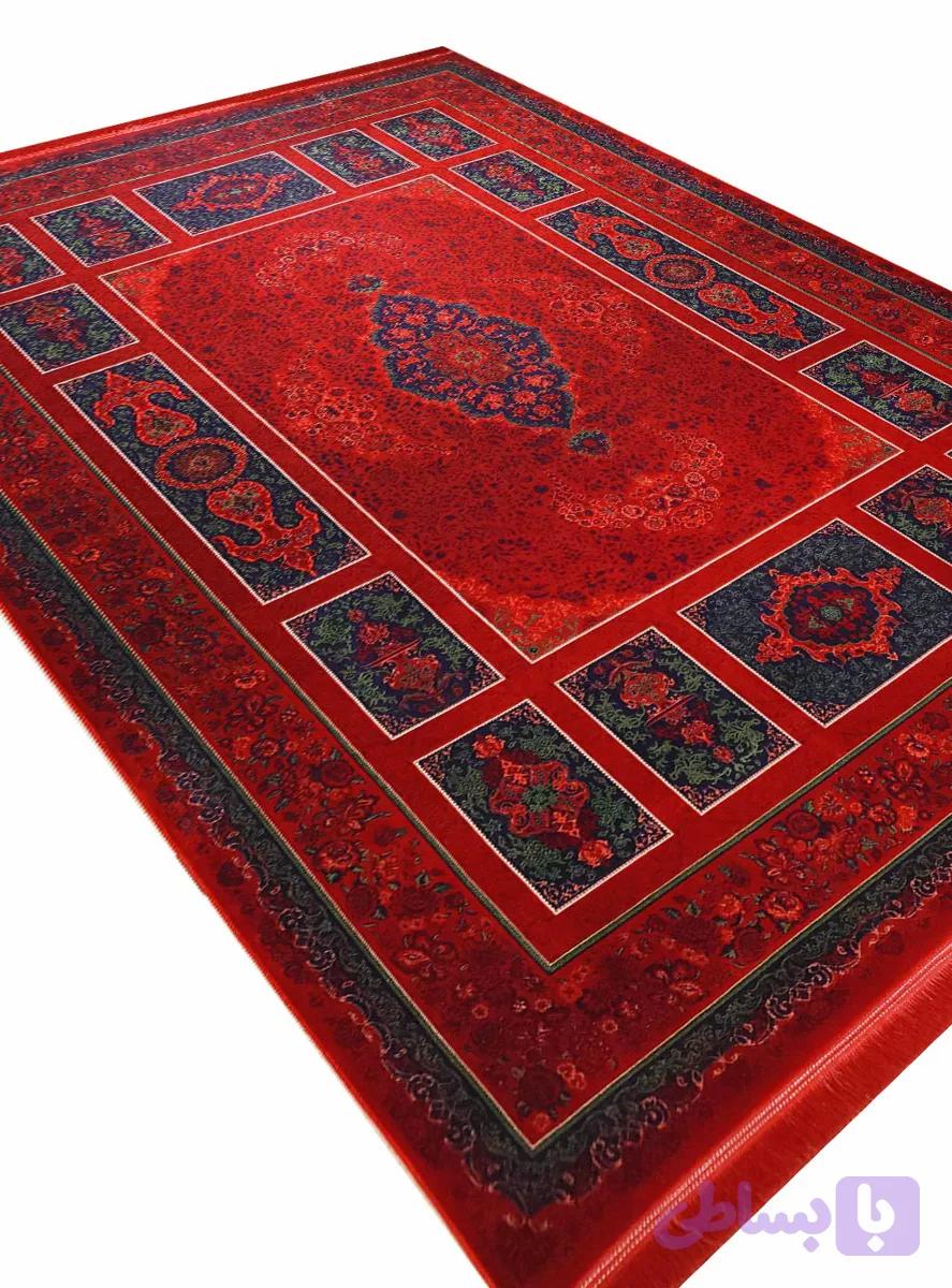 فرش ماشینی طرح گبه کتیبه رنگ لاکی سبز حاشیه سرمه ای 1200 شانه کد 907 — تصویر 1