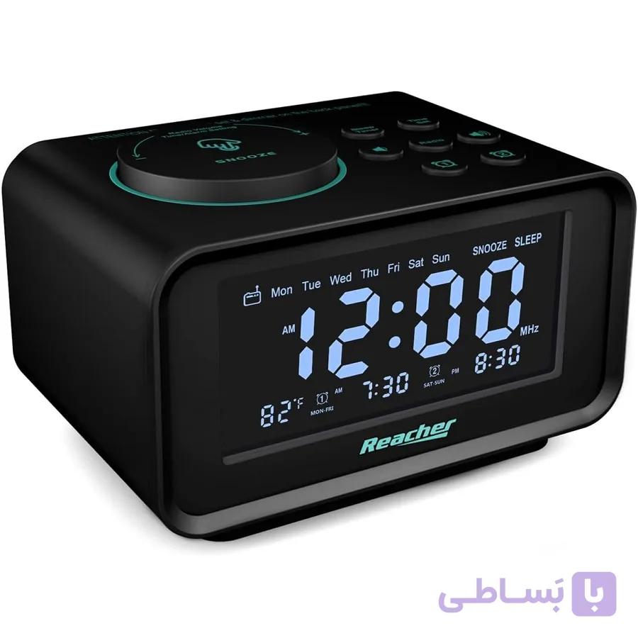 ساعت رومیزی دیجیتال REACHER K2-Pro مشکی | رادیو FM، دو آلارم و شارژ USB — تصویر 1