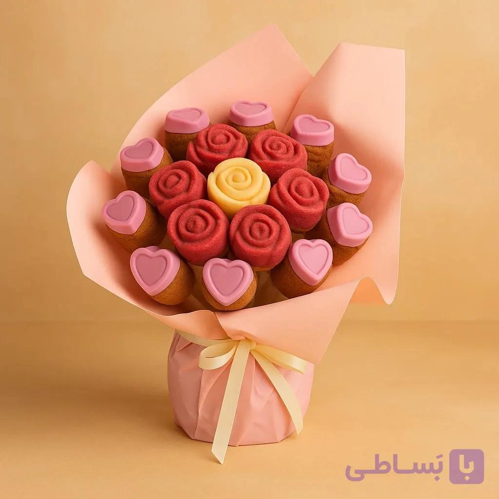 دسته گل کیک قرمز، رز سفید و قلب صورتی کد151 (ترکیه) — تصویر 1