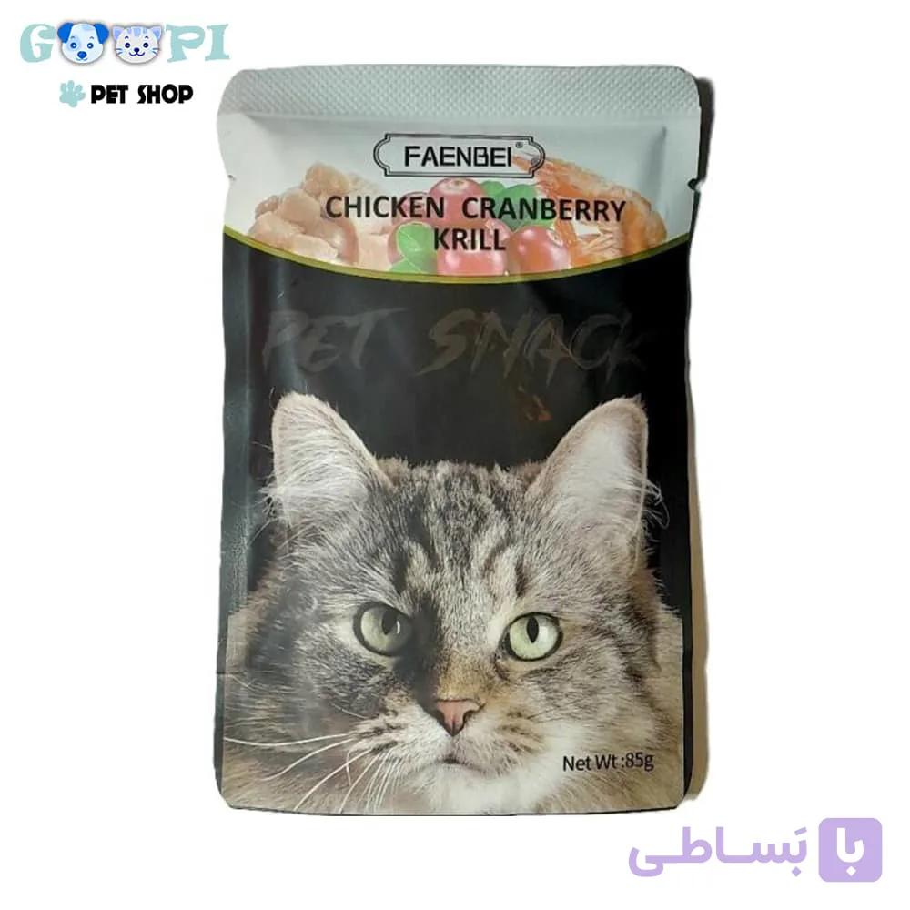 پوچ گربه فنبی طعم کرنبری و مرغ و میگو Faenbei Cat Cranberry & Chicken & Krill Pouch وزن 85 گرم