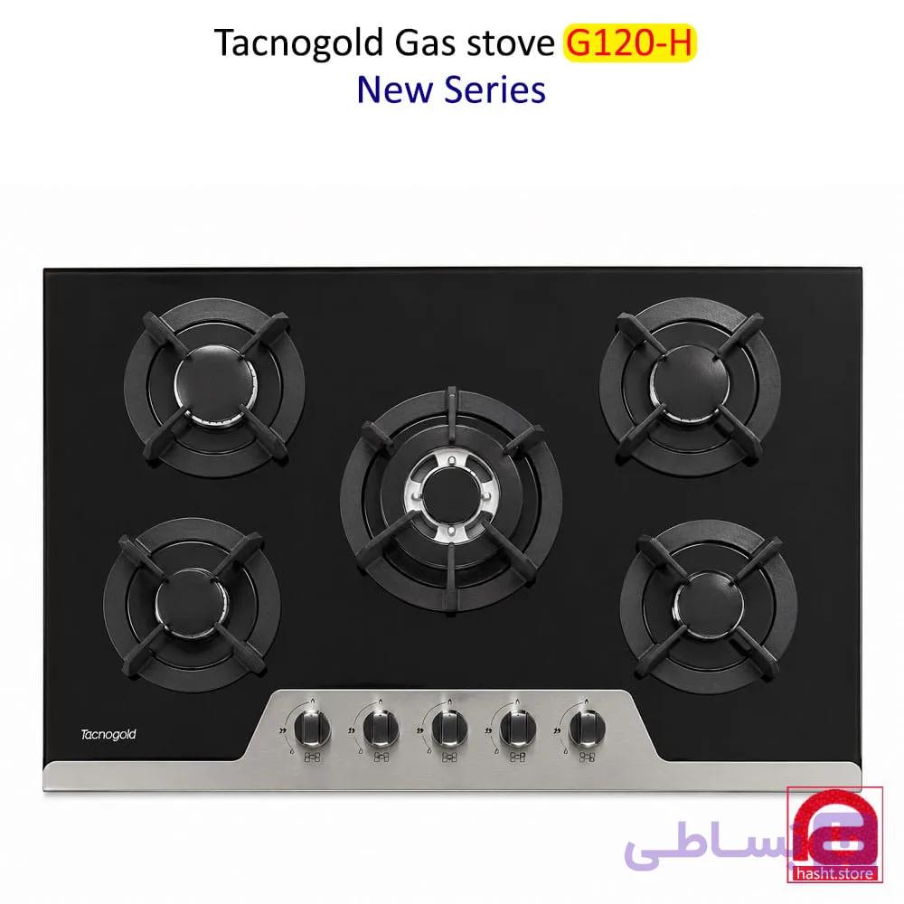اجاق گاز رومیزی تاکنوگلد کد G120-H شیشه ای، 5 شعله، سپری چدنی، ترموکوپل صفر ثانیه، طراحی مدرن — تصویر 1
