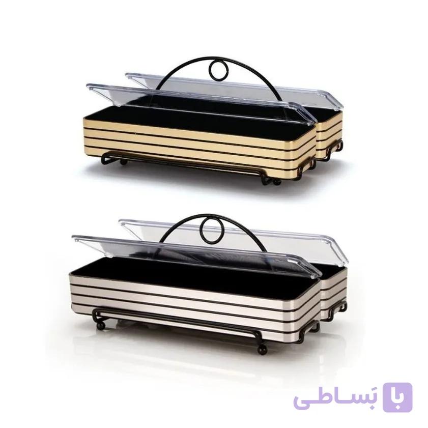 جا قاشق چنگال درب دار رومیزی دوقلو پایه دار تایلندی (استیل و طلایی) — تصویر 1