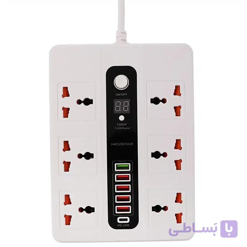 چند راهی برق 6 خانه و هاب شارژر 3000 وات با کابل 2 متری برند HICOSTAR مدل HS-PS320 — تصویر 1