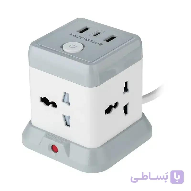 چند راهی برق 4 خانه و هاب شارژر 2500 وات با کابل 2 متری برند HICOSTAR مدل HS-PS321 — تصویر 1